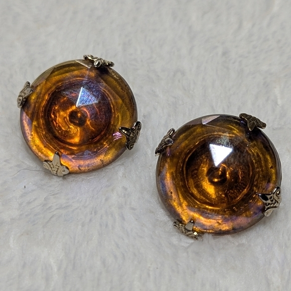 Vintage Vogue Amber Carnival Glass Button Clip Earrings - Picture 4 of 8